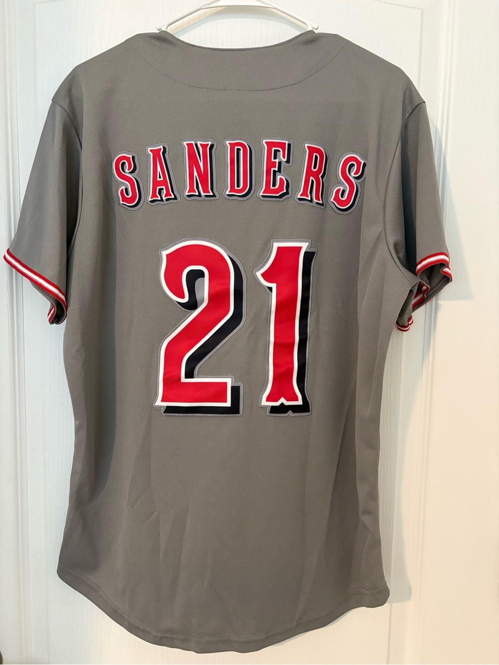 Men's Gray Sanders #21 Baseball Jersey - Red/Black Lettering